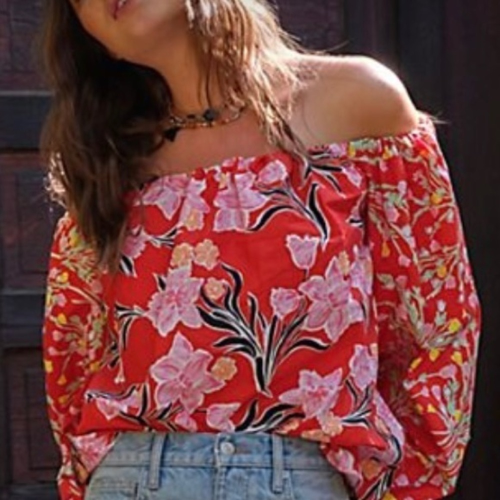 Free People Red Floral Off-Shoulder Tunic